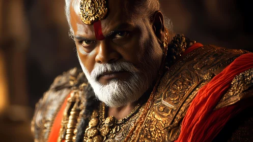 Cinematic warrior portrait with ornate gilded armor lighting.