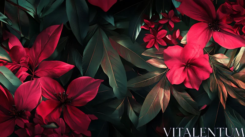 Red flowers with dark green foliage rendered in three-dimensional digital composition