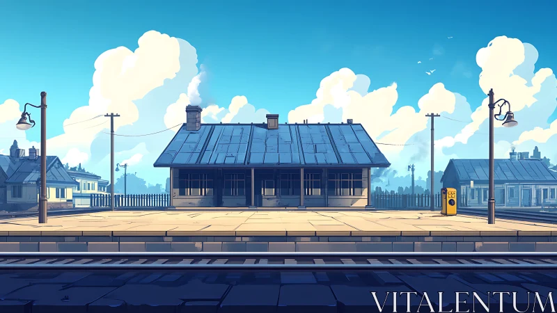 Digital painting of quiet rural train platform in noon light.