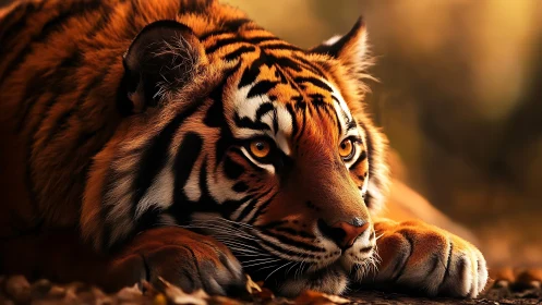 Gentle dusk watcher, resting tiger in golden quiet.