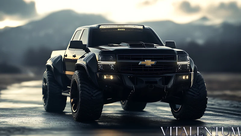 Lifted off-road Chevy truck with wide tires on wet mountain road