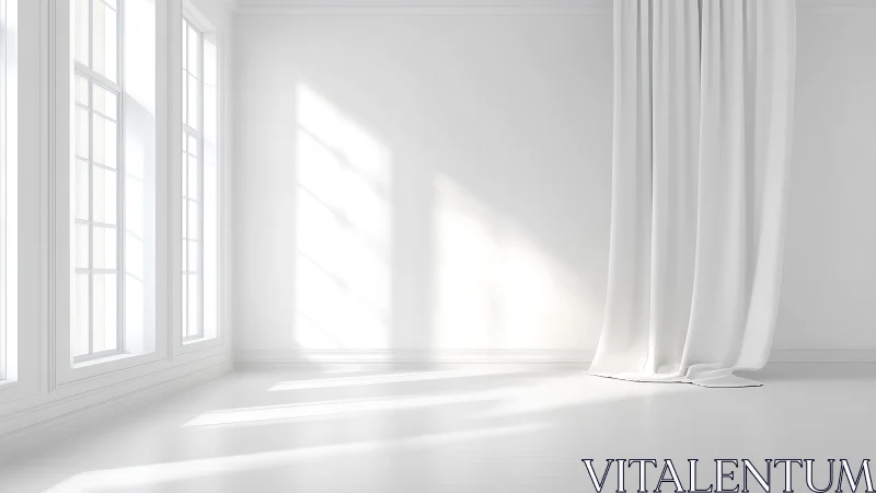 Sunlit minimal room where soft white curtains whisper.