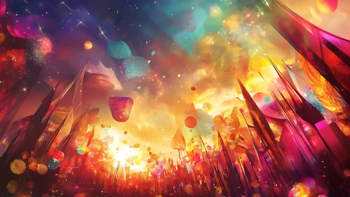 Luminous abstract festival cityscape in prismatic sky glow.