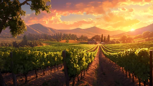 Sunlit vineyard rows under glowing Tuscan sunset sky.