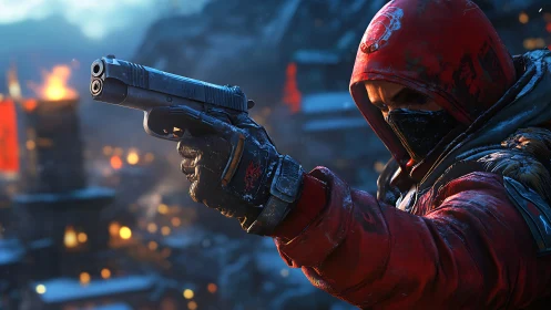 Hooded gunman in red jacket aiming pistol at night city.