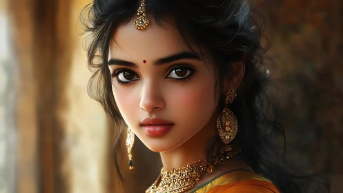 Digital portrait depicts woman in traditional attire with jewelry