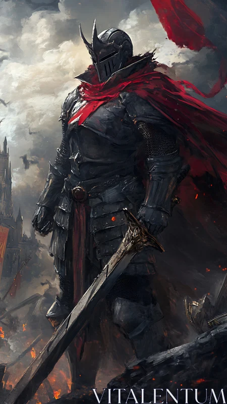 Armored dark knight with red cape in burning battleground.