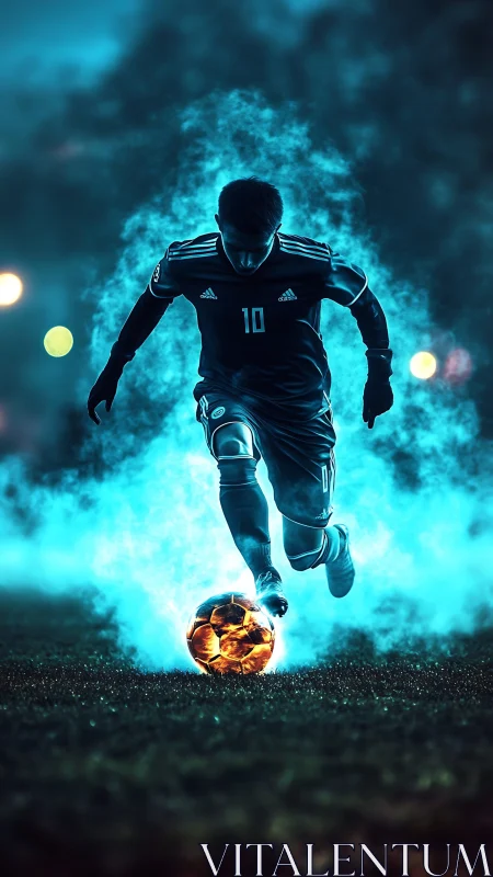 Soccer player sprinting with glowing ball on dark field.