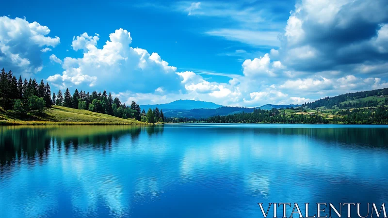 Tranquil alpine lake mirrors vivid blue sky and rolling hills