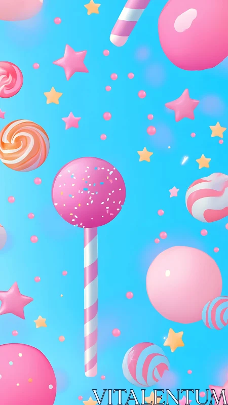 3D Candy Composition: Lollipop Spheres with Star Elements on Cyan Ground