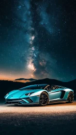 Blue supercar parked under clear Milky Way night sky.