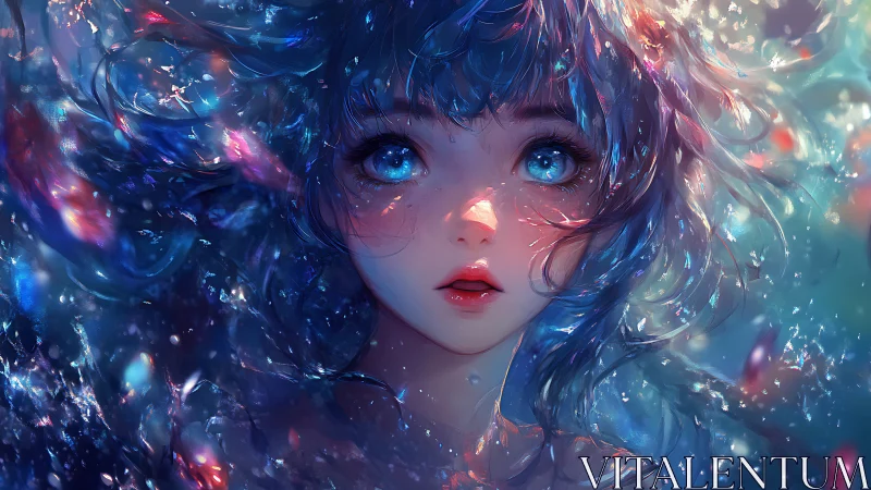 Starlit blue haired girl gazes upward in a dreamy glow