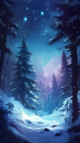 Winter Forest Valley Under Starlit Sky.