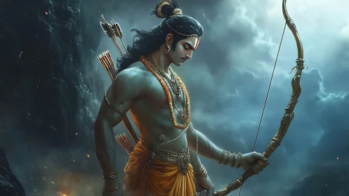 Divine archer warrior in stormlit mythic battlefield profile.