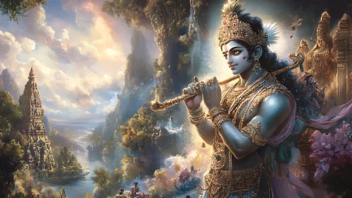 Divine flute melody drifting through a dreamlike river valley.