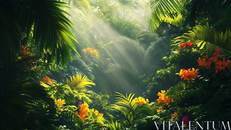 Dense tropical jungle with sunbeams and orange flowers.