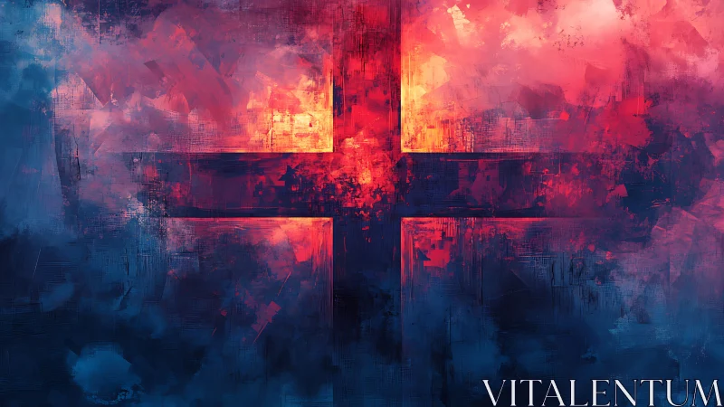 Radiant abstract cross ignites deep blue and crimson haze.