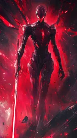 Red cybernetic warrior in abstract digital blaze.
