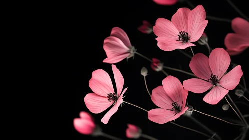 Pink Cosmos Flowers Against Black Background.