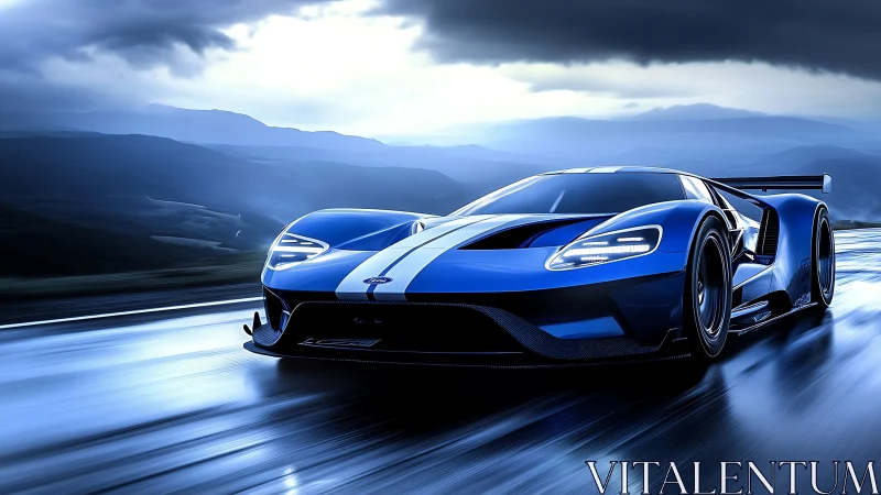 Photorealistic blue hypercar on wet mountain highway at speed.