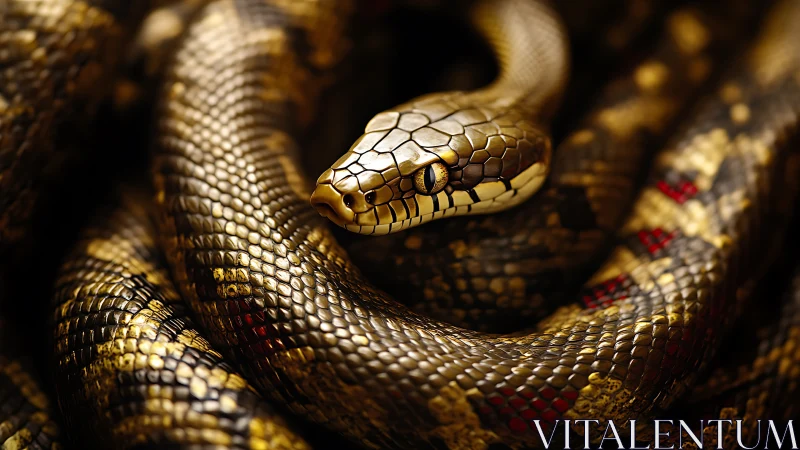 Coiled golden serpent in dramatic macro close-up lighting.