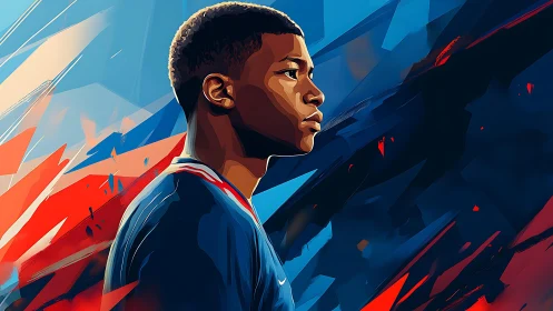 Focused young striker amid racing streaks of red and blue.