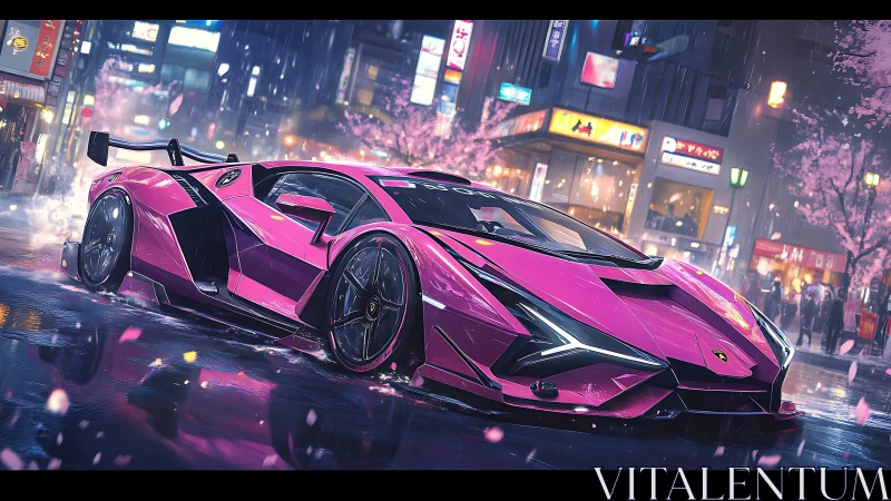 Electric pink supercar lights up a neon soaked city street