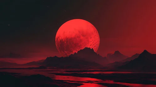 Red planetary body above dark alien mountain landscape.