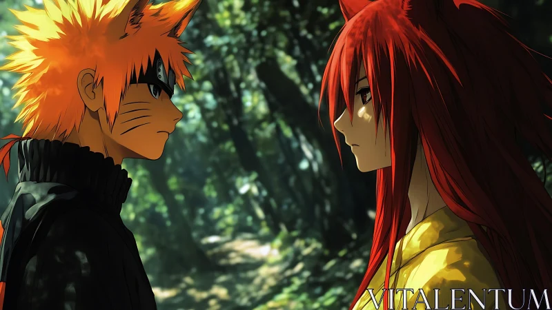 Anime forest confrontation with vulpine character silhouettes.