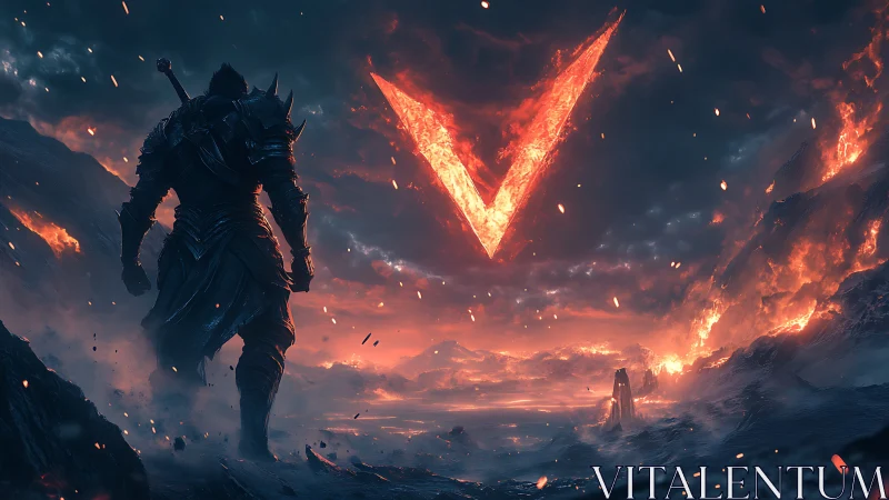 Armored warrior confronts blazing V sigil in apocalyptic sky
