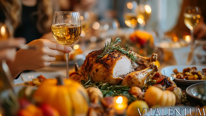 Roast turkey centerpiece anchors warm autumn feast scene.