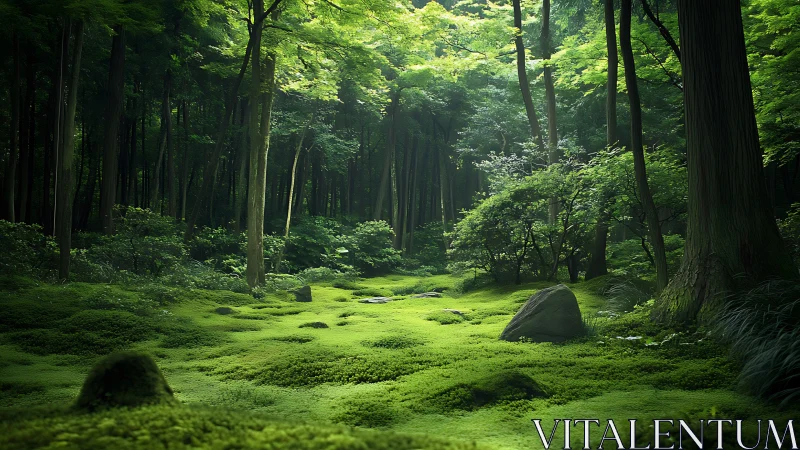 Sunlit forest clearing surrounded by tall trees.