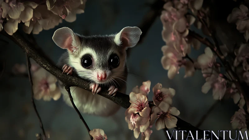 Digital painting of nocturnal rodent amid dusky blossoms.