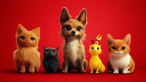 Animated Pets Collection on Red Background.