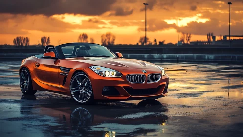 Sunset glow on a sleek orange roadster waiting for adventure.