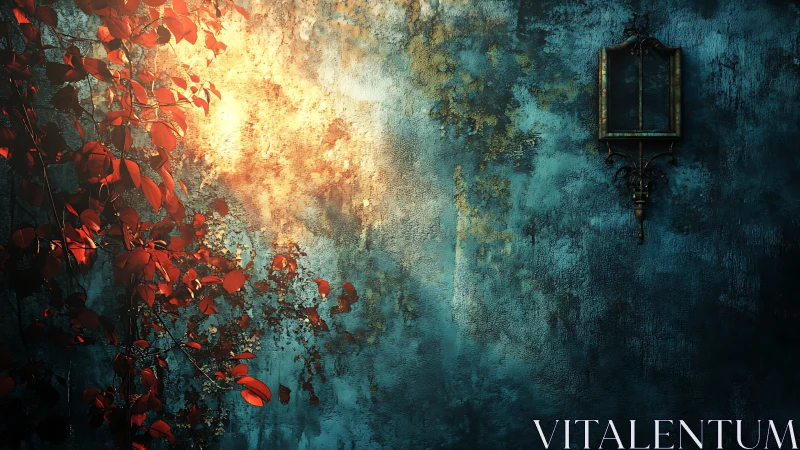 Red vine on textured blue wall with empty metal frame.