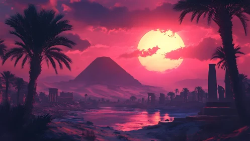 Neon sun sinks over mystic pyramid and desert river.