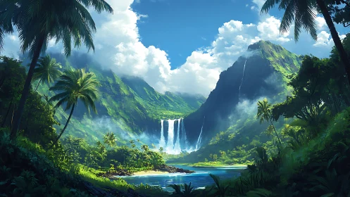 Emerald valley waterfall vista beneath tropical skies.