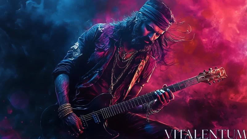 Electric guitarist in colored smoke with focused posture.