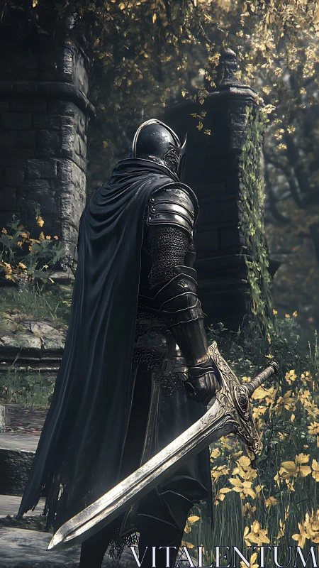 Armored figure stands with sword in overgrown stone ruin