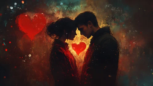 Two Lovers Embrace Glowing Hearts.