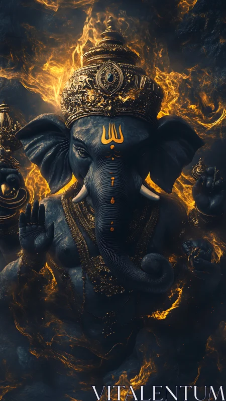 Divine Ganesha idol rises amid swirling golden flames.