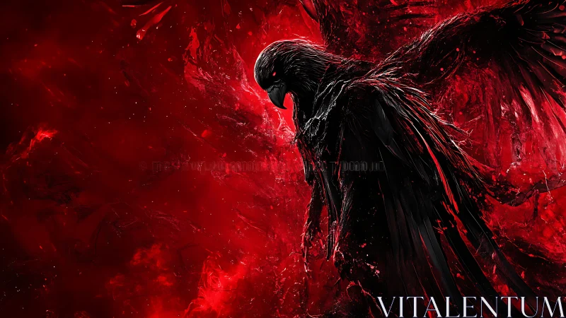 Aggressively rendered black raven silhouette dominates red void