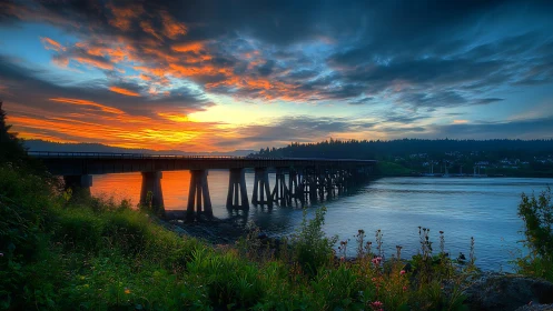 Sunset bridge glows above tranquil river and lush shoreline.