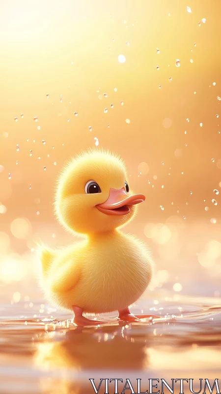 Playful fluffy duckling splashes in warm golden light.