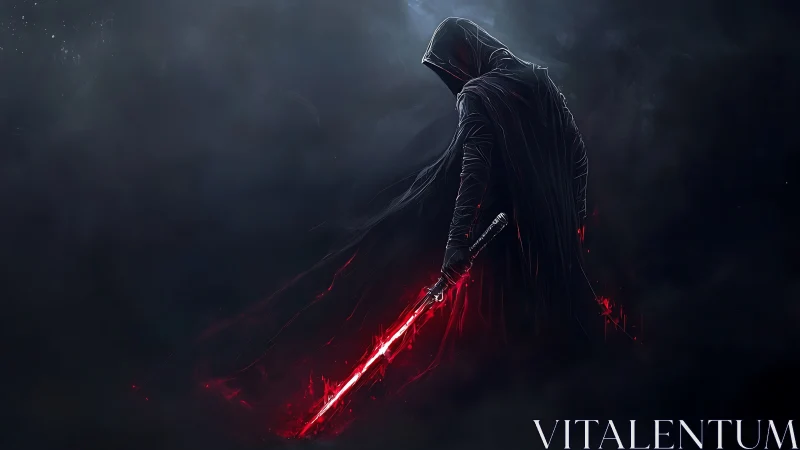 Hooded dark warrior ignites a red energy blade in misty void.