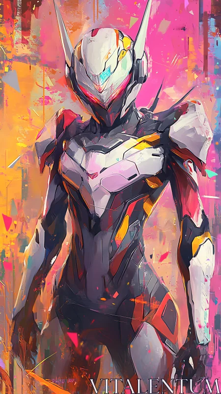 Neon-splashed mech sentinel melts into fractured sunrise