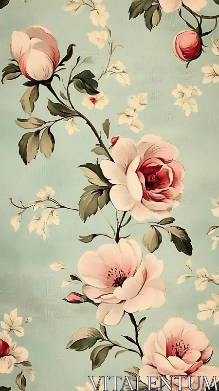 Vintage roses climb across soft teal floral wallpaper.
