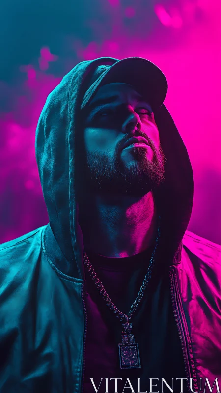 Man in hooded jacket under cyan and magenta neon lighting.