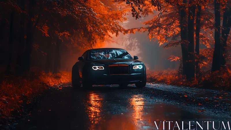Luxury car glows on a moody wet road through autumn forest.